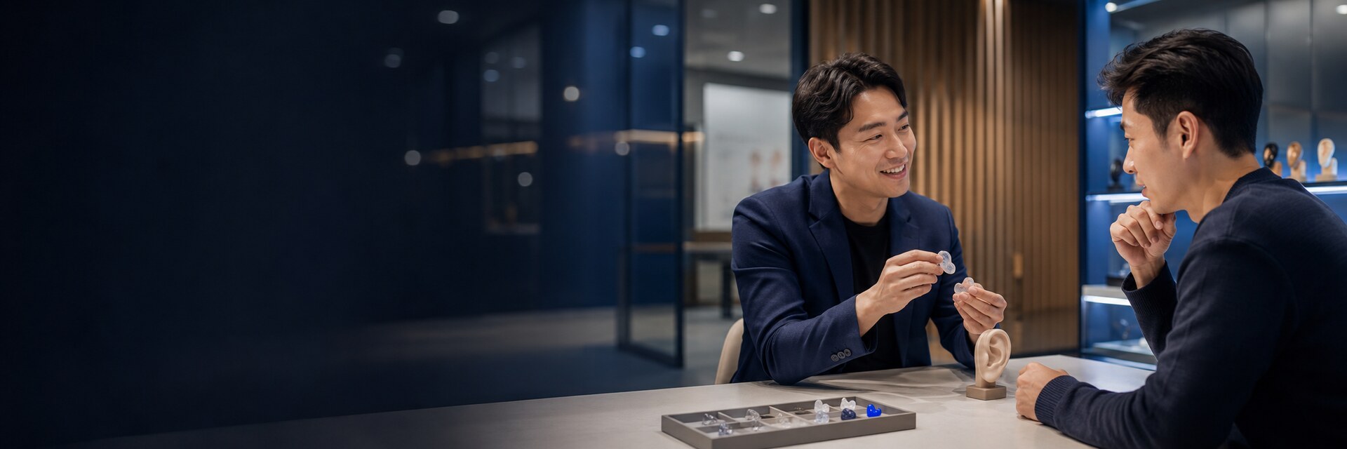 귀 형태에 맞춰 귓본을 채취하는 상담 현장 사진